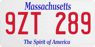 MA license plate 9ZT289