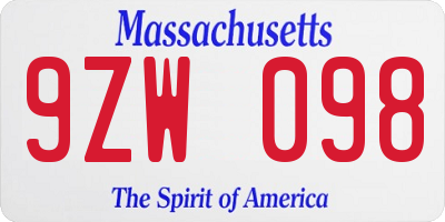 MA license plate 9ZW098