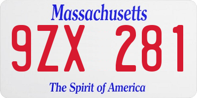 MA license plate 9ZX281