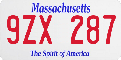 MA license plate 9ZX287