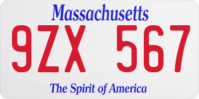 MA license plate 9ZX567