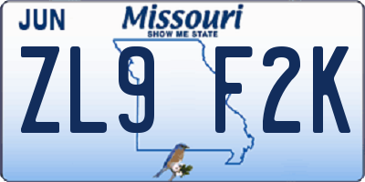 MO license plate ZL9F2K