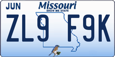 MO license plate ZL9F9K