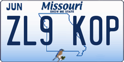 MO license plate ZL9K0P