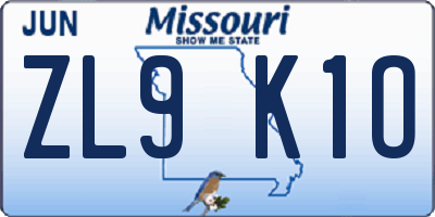 MO license plate ZL9K1O
