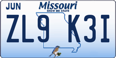 MO license plate ZL9K3I