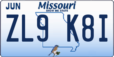 MO license plate ZL9K8I
