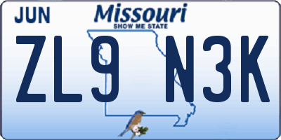 MO license plate ZL9N3K