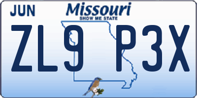 MO license plate ZL9P3X