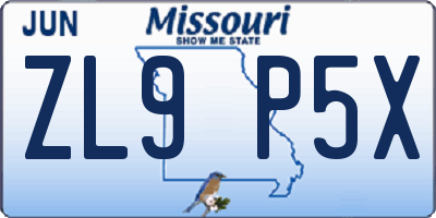 MO license plate ZL9P5X