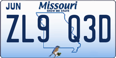 MO license plate ZL9Q3D
