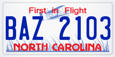 NC license plate BAZ2103
