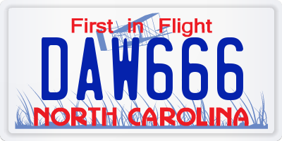 NC license plate DAW666
