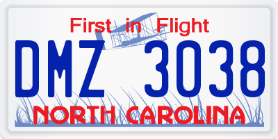 NC license plate DMZ3038