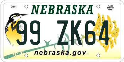 NE license plate 99ZK64