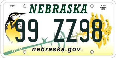 NE license plate 99ZZ98