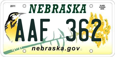 NE license plate AAF362