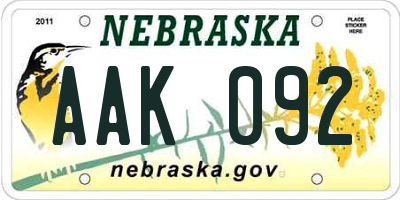 NE license plate AAK092
