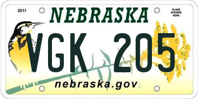 NE license plate VGK205