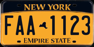 NY license plate FAA1123