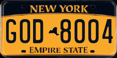 NY license plate GOD8004