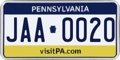 PA license plate JAA0020