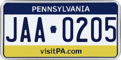 PA license plate JAA0205