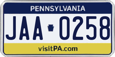 PA license plate JAA0258