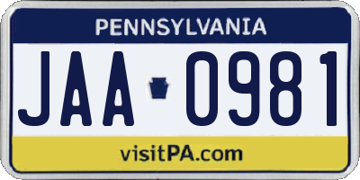 PA license plate JAA0981