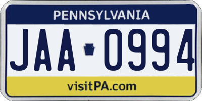 PA license plate JAA0994