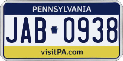 PA license plate JAB0938