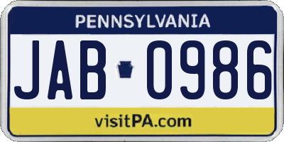 PA license plate JAB0986