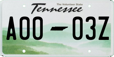 TN license plate A0003Z