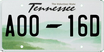 TN license plate A0016D