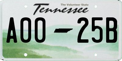 TN license plate A0025B