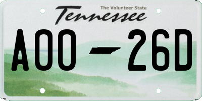 TN license plate A0026D