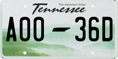 TN license plate A0036D