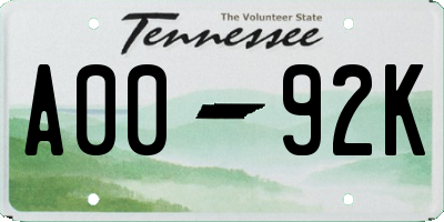 TN license plate A0092K