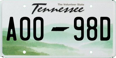 TN license plate A0098D