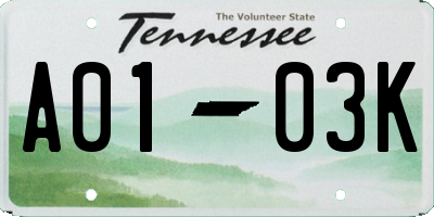 TN license plate A0103K