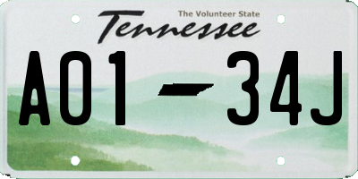 TN license plate A0134J