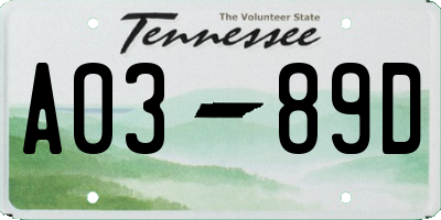 TN license plate A0389D