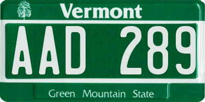 VT license plate AAD289
