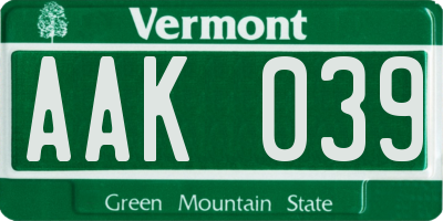 VT license plate AAK039