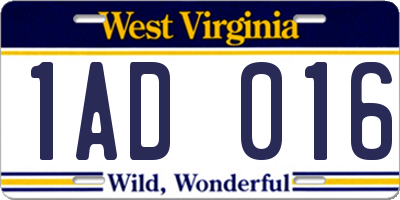 WV license plate 1AD016