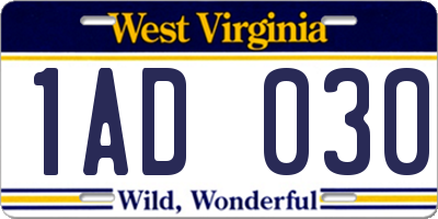 WV license plate 1AD030