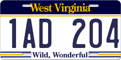 WV license plate 1AD204
