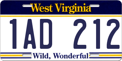 WV license plate 1AD212