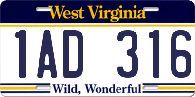 WV license plate 1AD316