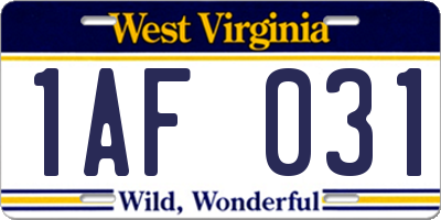 WV license plate 1AF031